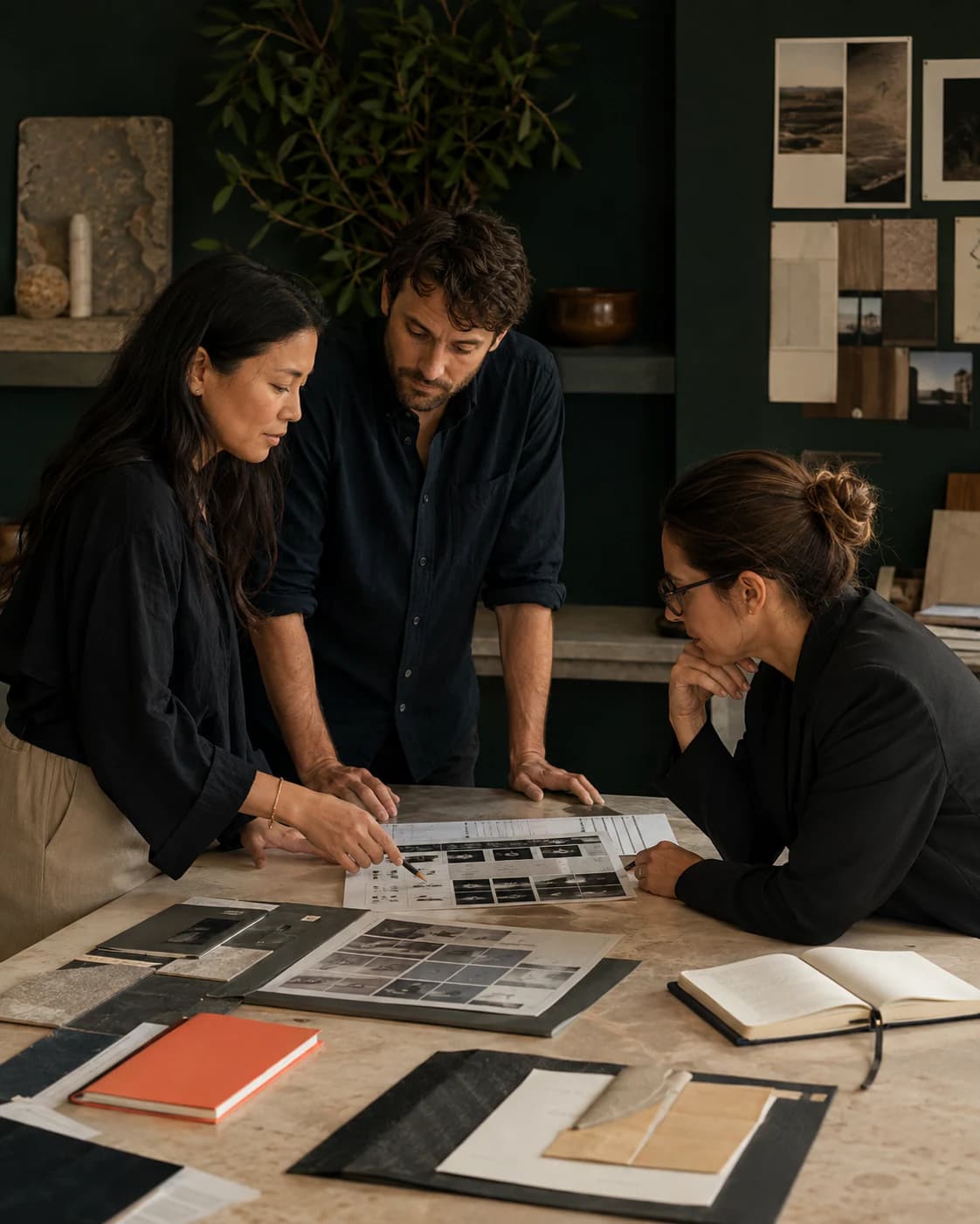 Creators and an intellectual-property lawyer reviewing original materials