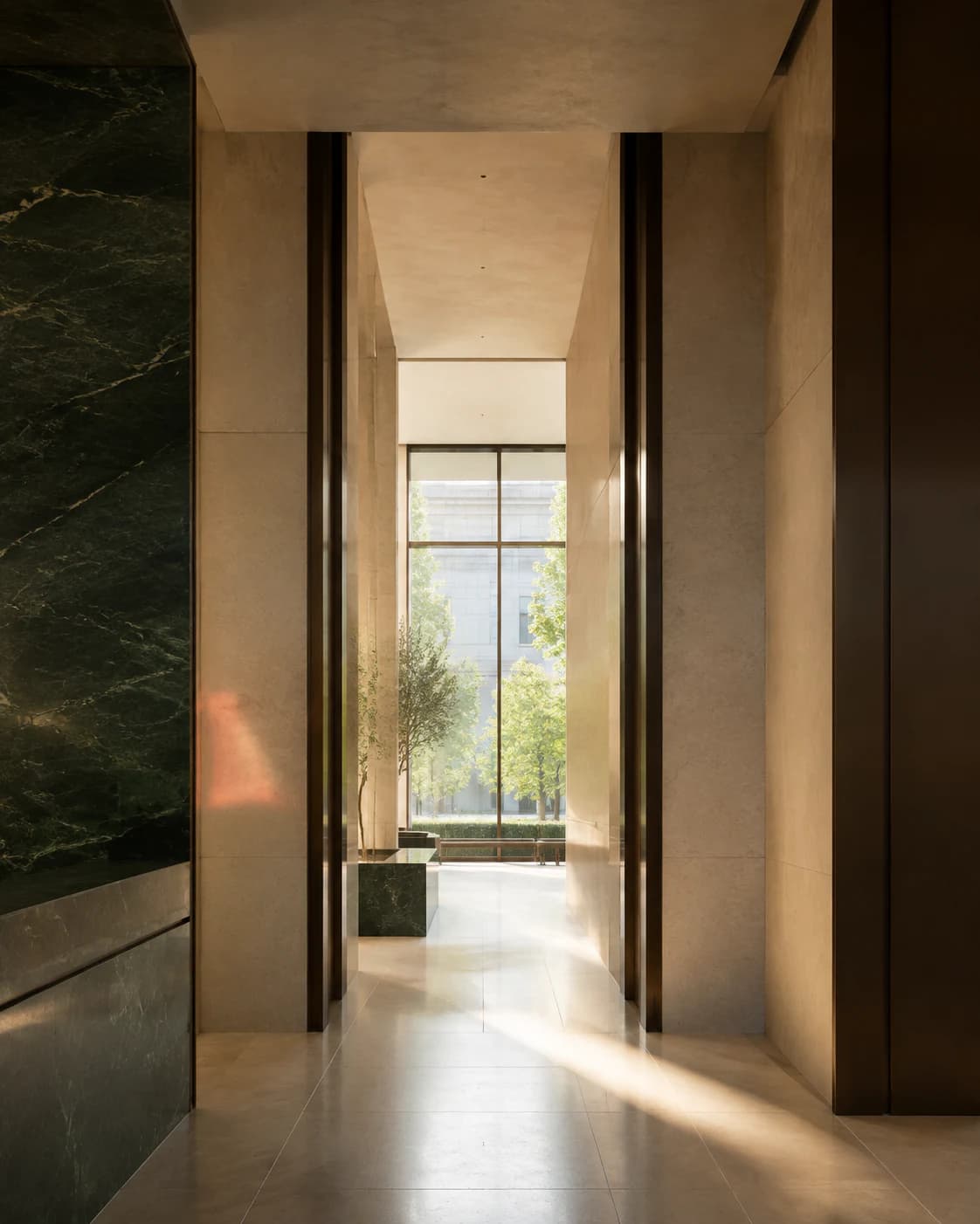 A limestone and deep-green architectural passage opening into daylight