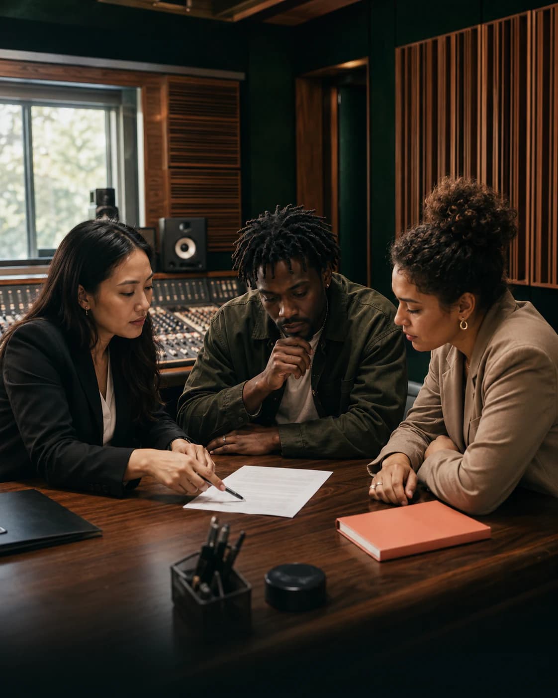 An artist, manager and entertainment lawyer reviewing an agreement in a recording studio