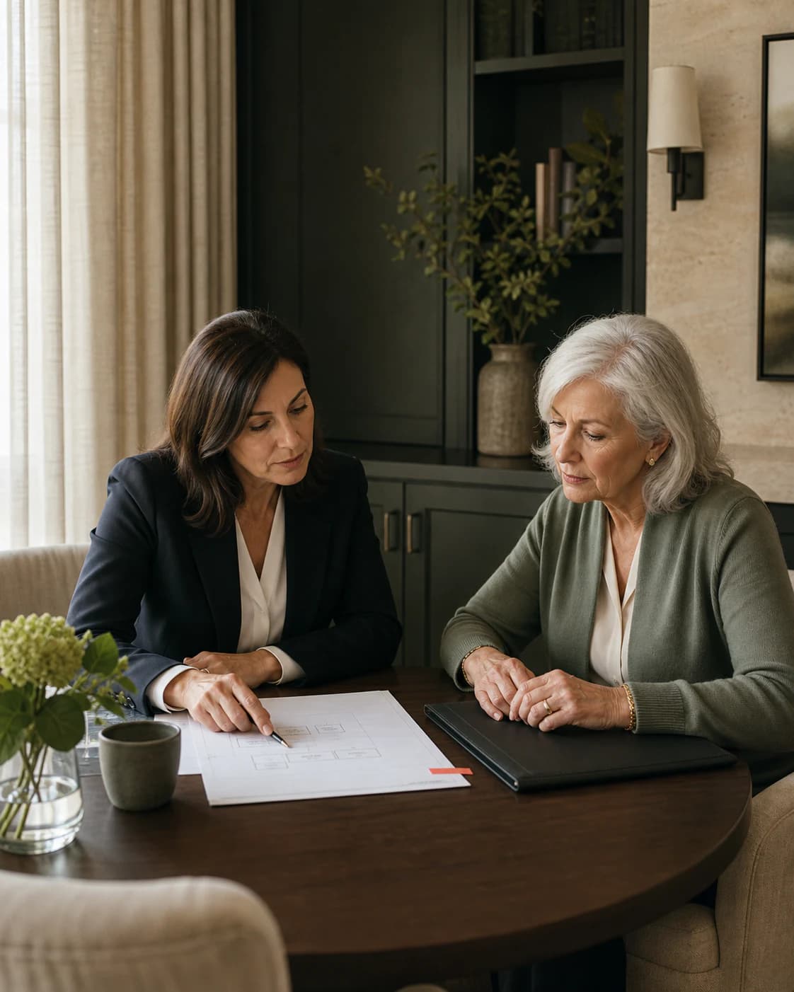 A private-client lawyer and client reviewing a family chronology