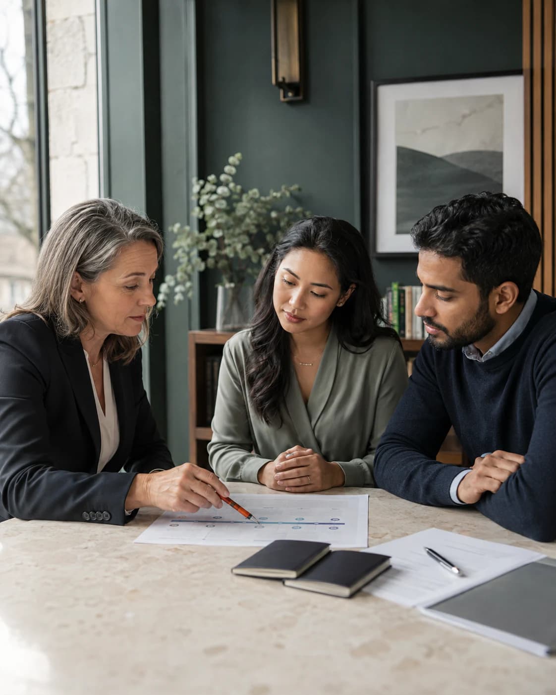 An immigration lawyer and couple mapping a relocation route and evidence plan