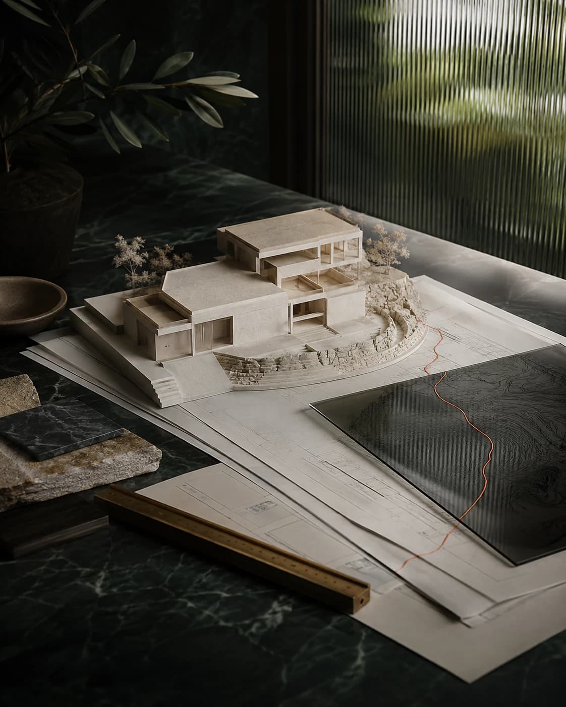 An architectural model, plans and title materials arranged for property due diligence