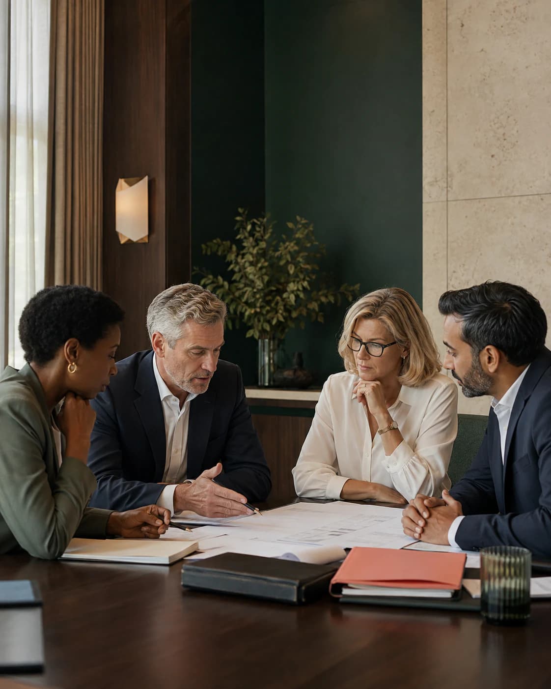 Four senior professionals working through a legal matter together