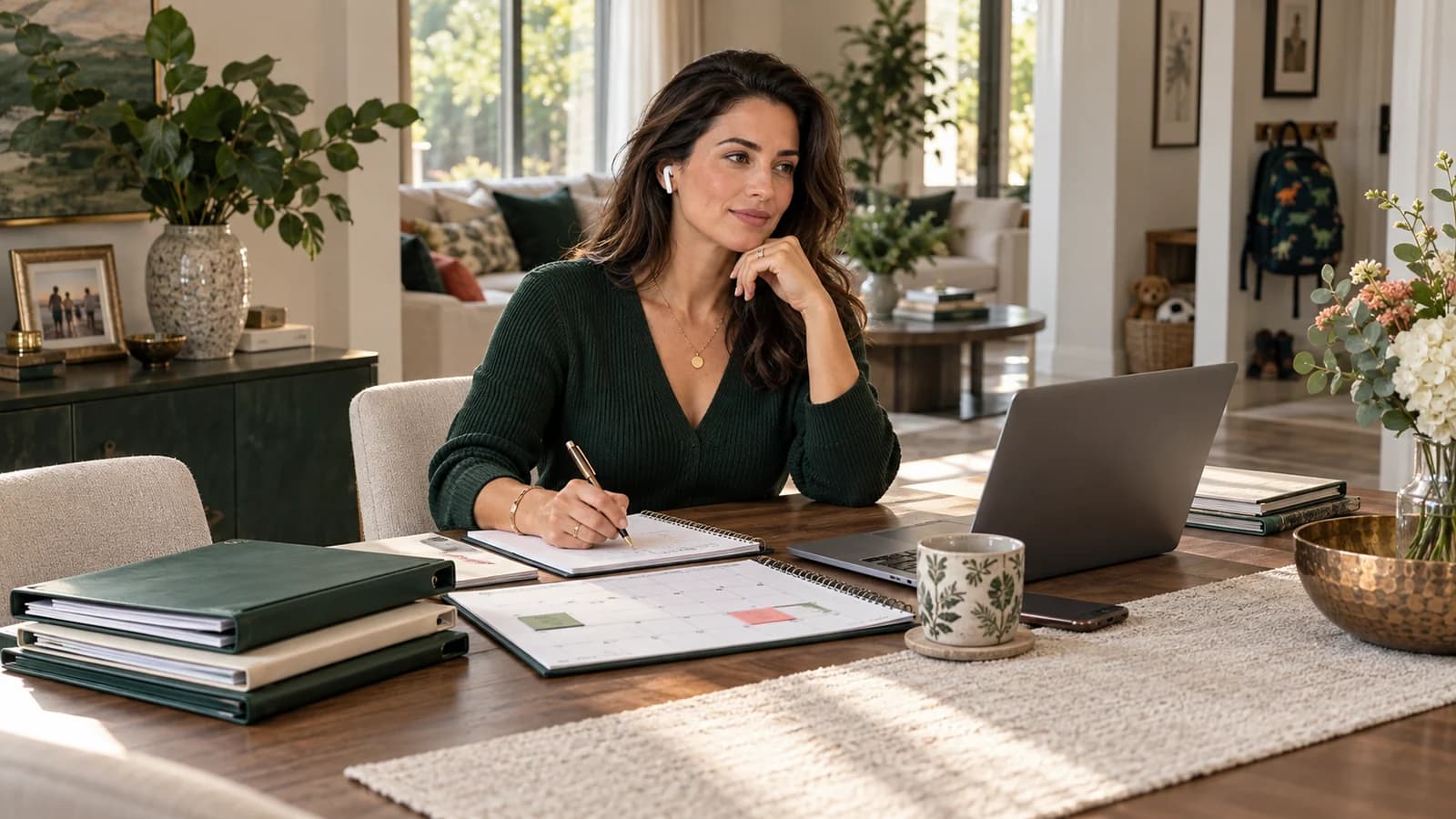 A homemaker calmly organizing household and financial records for a legal consultation