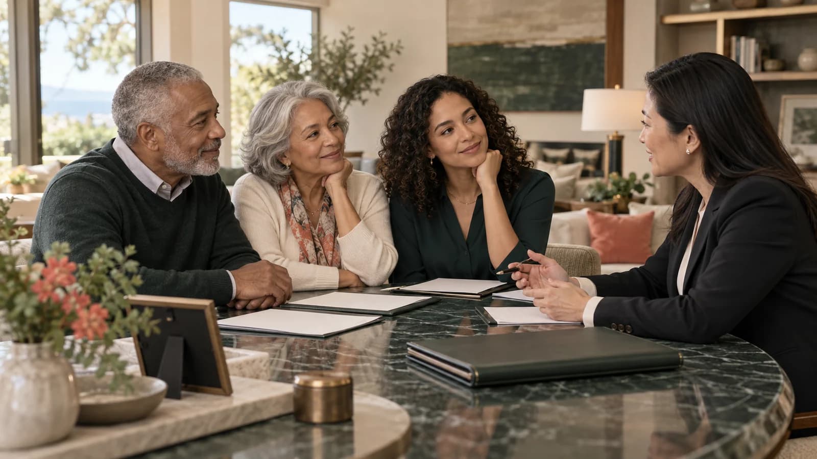 A multigenerational family discussing an organized estate plan with a trusted adviser