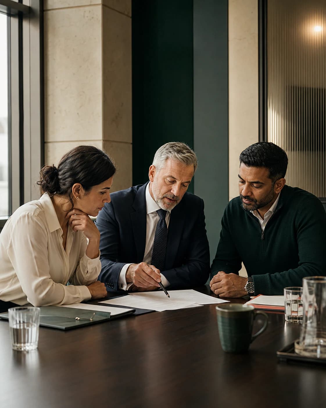 A commercial lawyer advising two business principals during an agreement review