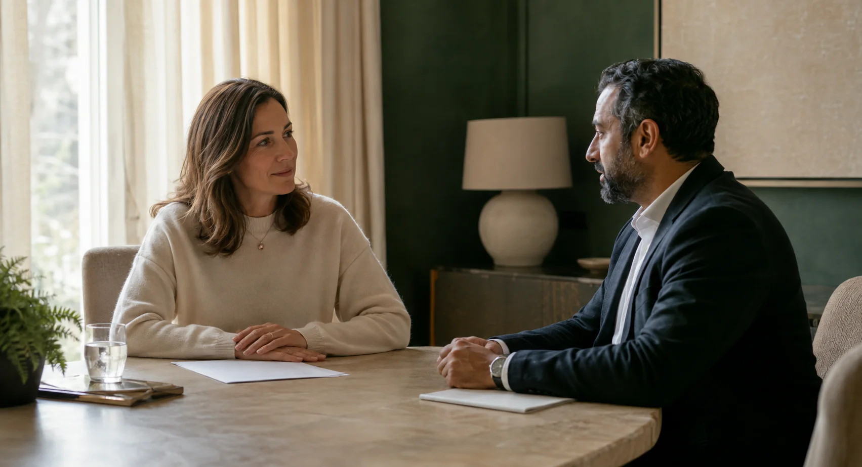 Two people in a quiet, respectful consultation setting